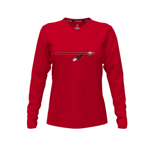 [CUS-DFW-TEES-PER-VNK-LSL-RED-FYXS-LOGO2] Decker Performance T-Shirt (Female Youth XS, Red, V Neck, Logo 2, Long Sleeve)