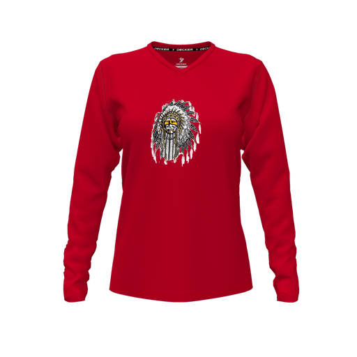 [CUS-DFW-TEES-PER-VNK-LSL-RED-FYXS-LOGO3] Decker Performance T-Shirt (Female Youth XS, Red, V Neck, Logo 3, Long Sleeve)